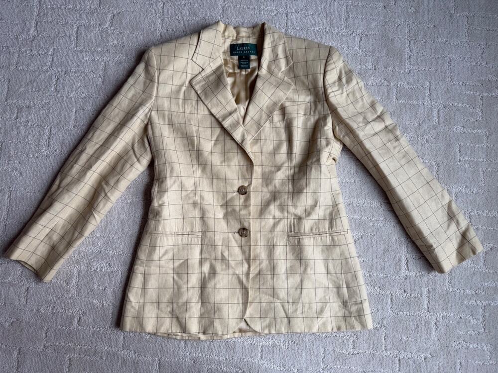 VTG Ralph Lauren Blazer Women's Check Jacket Linen Rayon Made in USA Retro